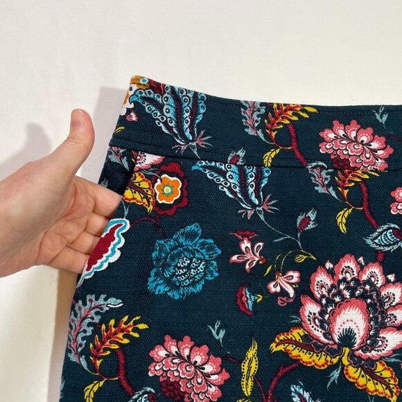 LOFT Blue Teal Floral Pencil Skirt Size 6 Cotton Stretch Lined Side Zip - Picture 4 of 12